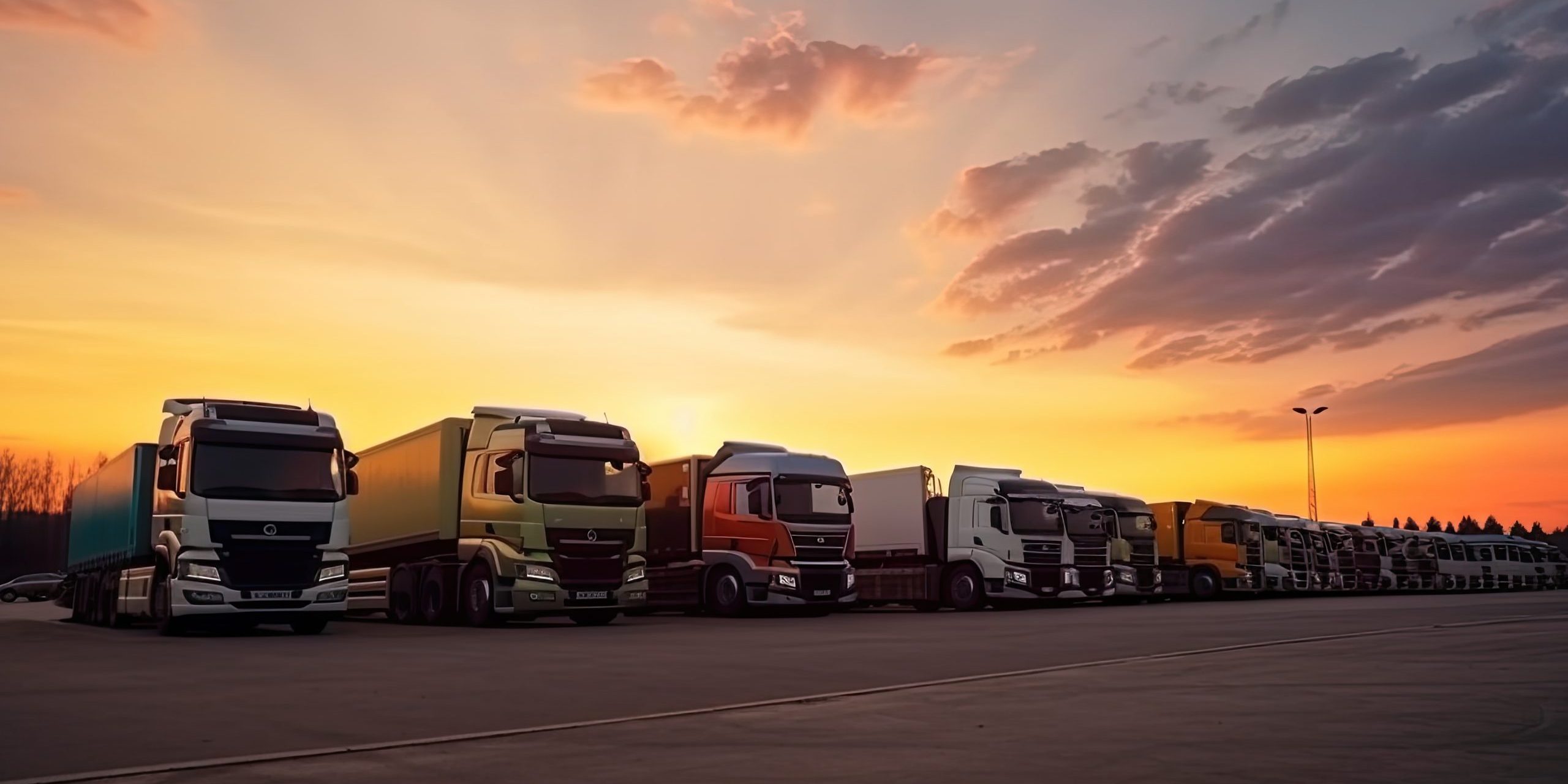 many transport trucks parked at a service station at sunset. Ai generative